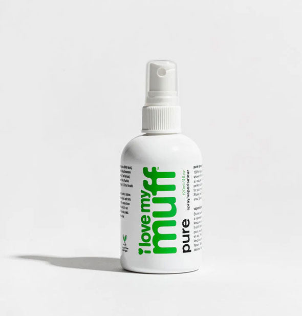 White bottle of I Love My Muff Pure Spray with green and black lettering