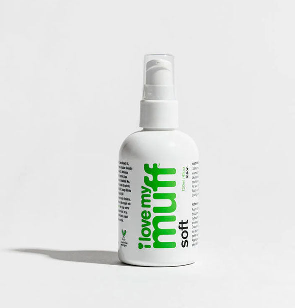 White bottle of I Love My Muff Soft Lotion with green and black lettering