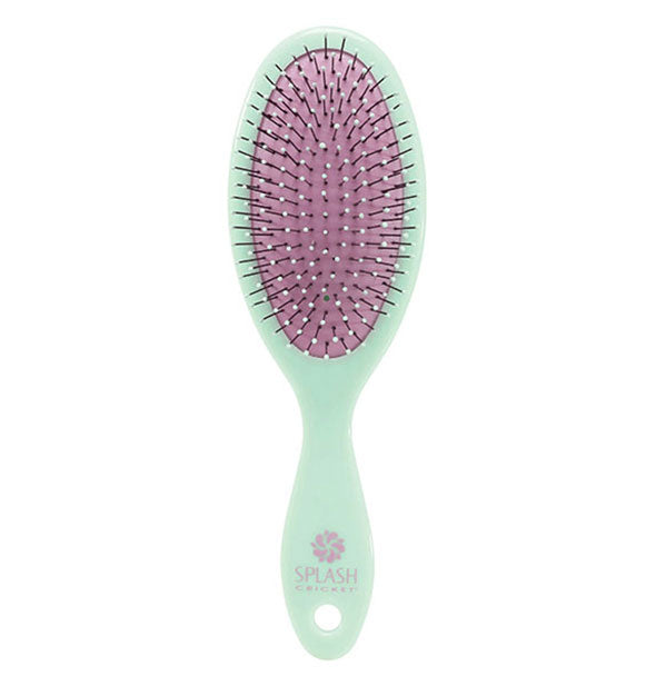 Mint Cricket Splash detangling hairbrush with purple cushion