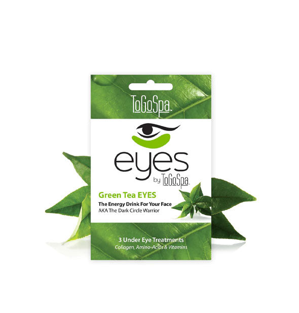 Pack of Green Tea EYES Under Eye treatments by ToGoSpa staged with green leaves