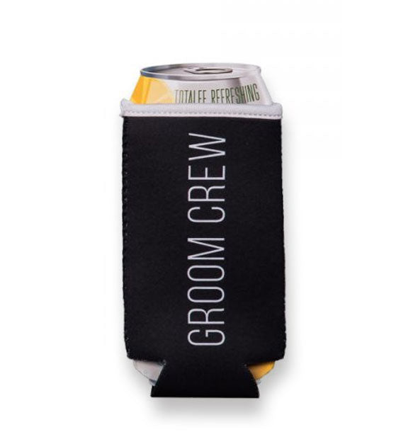 Black Groom Crew can koozie shown on can