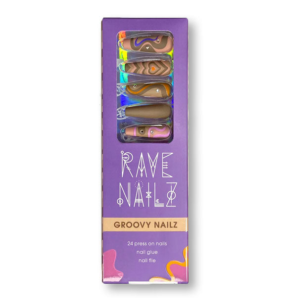 Pack of Groovy Nailz by Rave Nailz feature 24 pink and brown press-on nails with jewel embellishments