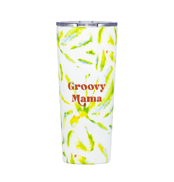 White drink tumbler with green tie dye print says, "Groovy Mama" in red lettering
