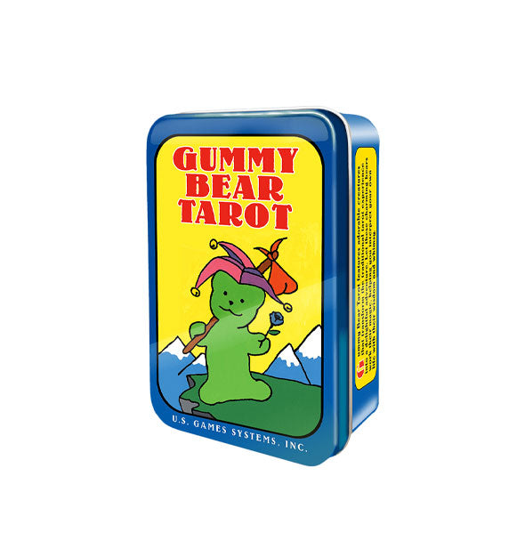 Colorfully illustrated tin of Gummy Bear Tarot cards