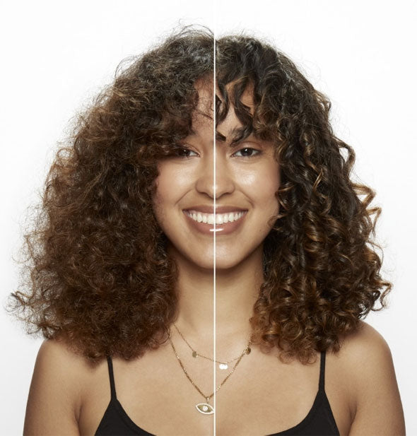 Side-by-side comparison of model's hair before and after using Bumble and bumble Hairdresser's Invisible Oil Ultra Rich Deep Conditioning Mask