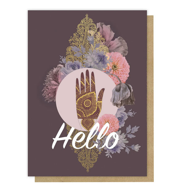 Dark muted purple greeting card with intricate floral and hand design says, "Hello" in large white script near the bottom