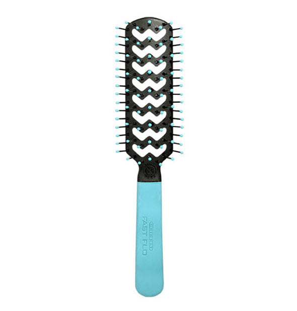 Hairbrush with light blue handle and bristle ball tips and black head with zigzag vent design