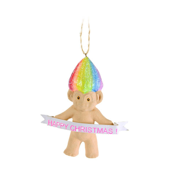 Rainbow haired troll toll holding banner that says, "Happy Christmas!"