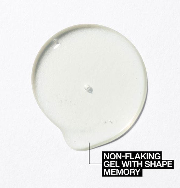 Clear, slightly bubbled drop of Redken Max Sculpting Gel is labeled, "Non-flaking gel with shape memory"