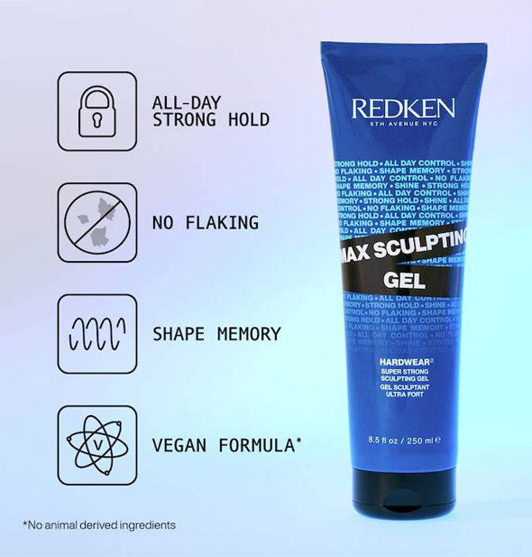Bottle of Redken Max Sculpting Gel is labeled with its key benefits represented by infographics: All-day strong hold, no flaking, shape memory, vegan formula