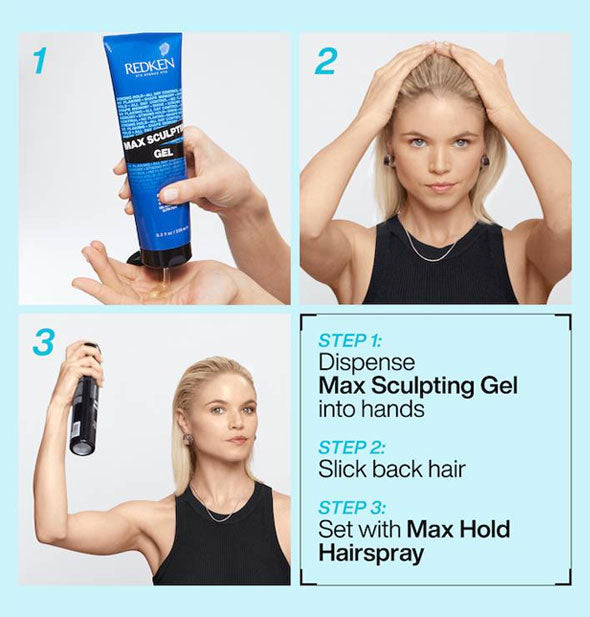 Three-step directions for use with photographs: Dispense gel into hands, slick back hair, set with Max Hold Hairspray
