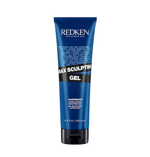 Blue 8.5 ounce bottle of Redken Max Sculpting Gel with black and white design details and lettering