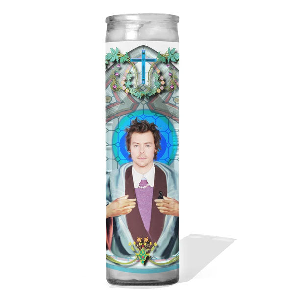 Glass cathedral style prayer candle featuring image of musician Harry Styles portrayed as a saint