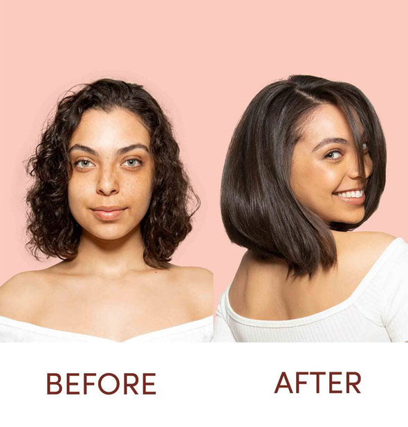 Before and after styling with Mizani HD Shyne spray