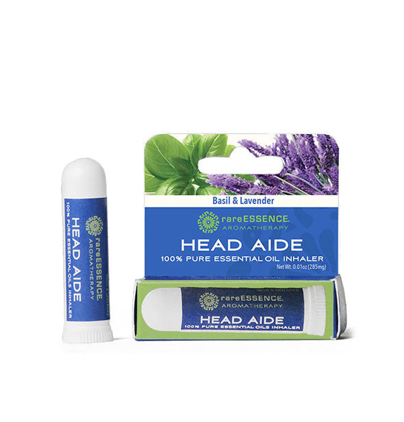 Tube of Basil & Lavender Head Aide 100% Pure Essential Oil Inhaler by Rare Essence Aromatherapy with box packaging