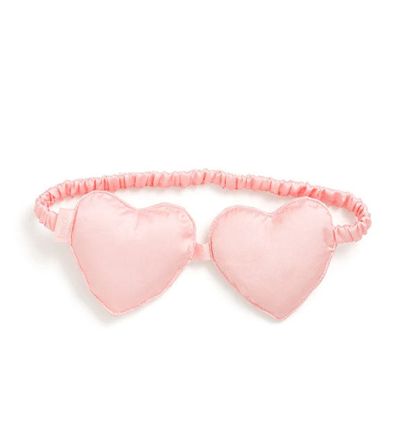 Pink satin sleep mask with batted hearts and ruched elastic band