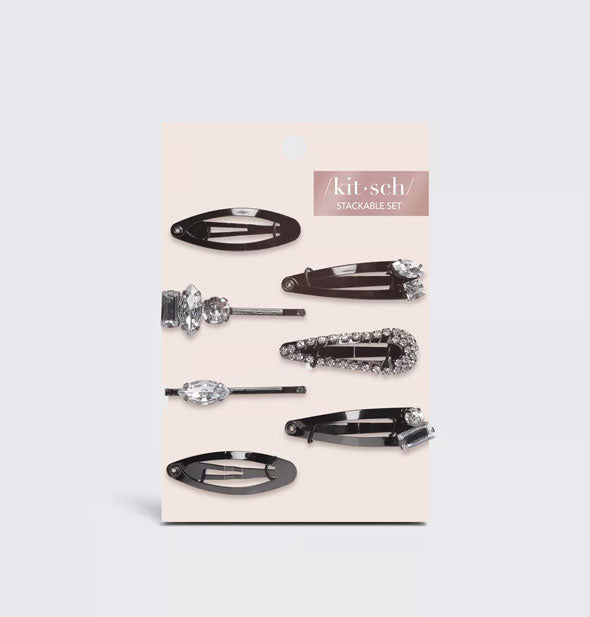 Pack of six stackable hematite snap clips and bobby pins with rhinestone accents on Kitsch product card