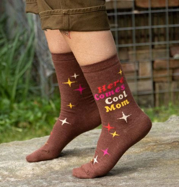Model wears Here Comes Cool Mom socks