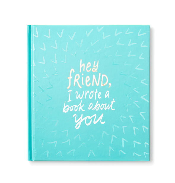 Blue cover of Hey Friend, I Wrote a Book About You features write handwritten lettering and V-shaped design accents