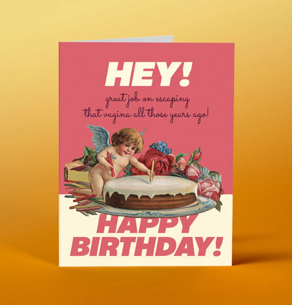 Greeting card with image of a tiny winged cherub placing candles on a cake says, "Hey! Great job on escaping that vagina all those years ago! Happy birthday!"