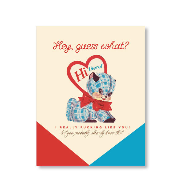 Greeting card with illustration of an old-fashioned blue plaid stuffed animal valentine says, "Hi there!" and "Hey, guess what? I really fucking like you! But you probably already knew that."