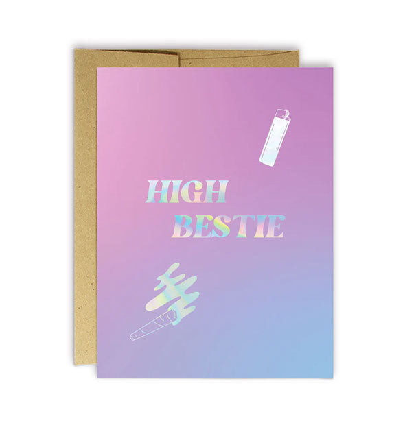 Greeting card with kraft envelope features a purple-to-blue ombre coloration with holographic smoking doobie and lighter graphics and the words, "High Bestie"