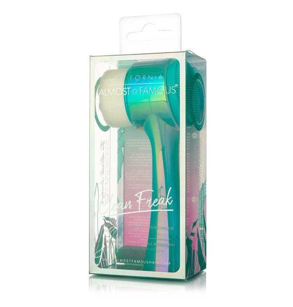 Almost Famous Clean Freak face brush with holographic turquoise finish