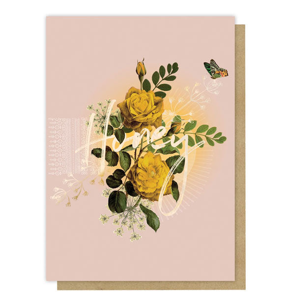 Blush pink greeting card with floral and butterfly illustrations says, "Honey" in white brushstroke script in the center