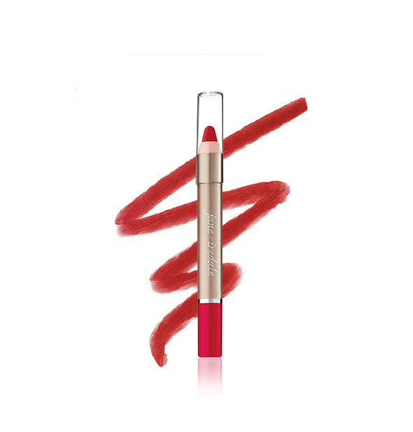 Jane Iredale lip pencil with sample drawing behind in the shade Hot