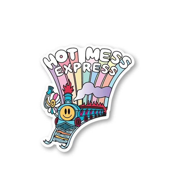 Irregularly-shaped sticker depicts a train with smiley face engine that's on fire and the words, "Hot Mess Express"