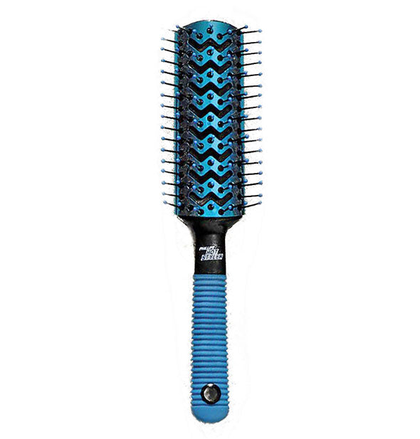Blue and black Phillips Hot Styler hairbrush with zigzag vent design and ribbed handle