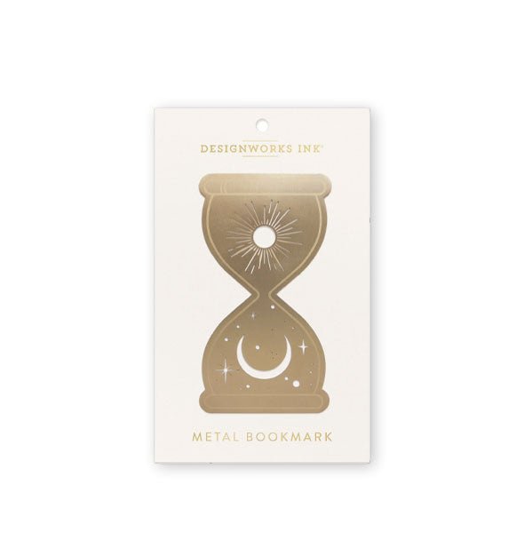 Gold metallic hourglass bookmark on DesignWorks Ink product card features cutout celestial symbols like stars, a sun with radiating lines, and a crescent moon