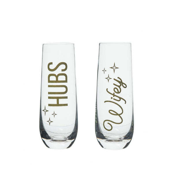 Stemless glass champagne flutes are printed with "Hubs" and "Wifey" respectively and accented with stars