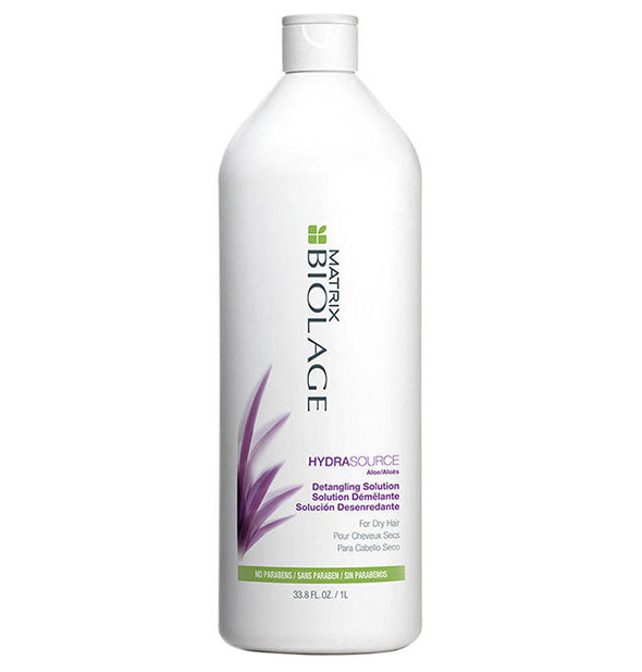White 33.8-ounce (1 liter) bottle of Biolage HydraSource Detangling Solution with purple and green design accents.