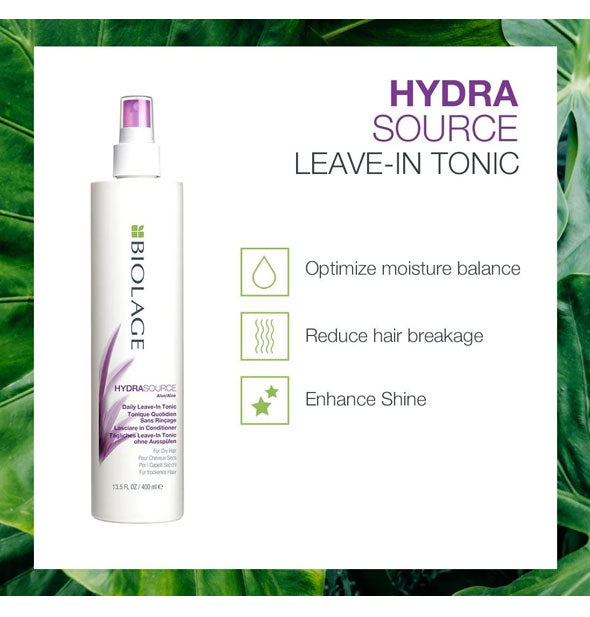 Biolage HydraSource Daily Leave-In Tonic benefits: Optimizes moisture balance, reduces hair breakage, enhances shine