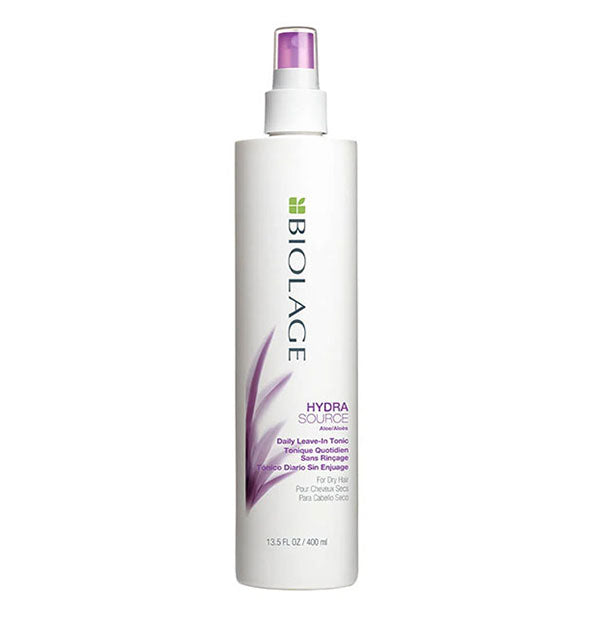 White 13.5 ounce bottle of Biolage HydraSource Daily Leave-In Tonic with purple accents