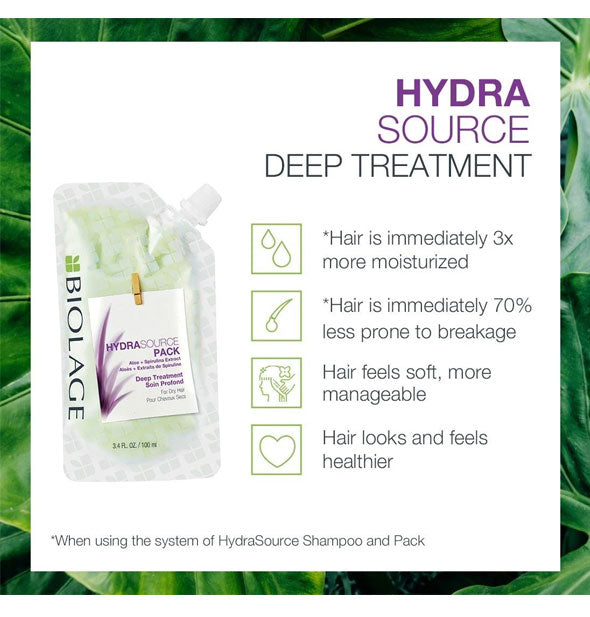 Biolage HydraSource Deep Treatment benefits promist 3x more moisturized hair with 70% less breakage