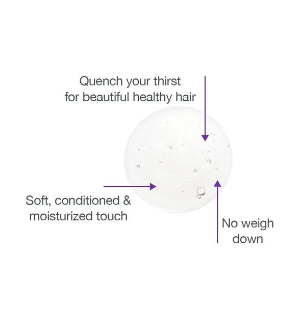 Sample droplet of Biolage HydraSource Shampoo is labeled with its key benefits