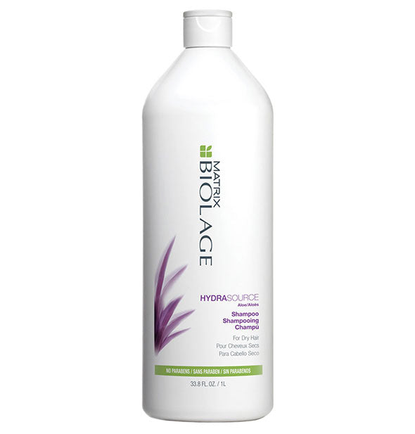 White 33.8-ounce (1 liter) bottle of Matrix Biolage HydraSource Shampoo with purple and green design accents.