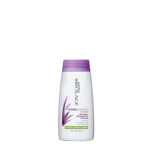 White 1.7-ounce travel size bottle of Matrix Biolage HydraSource Shampoo with purple and green design accents.