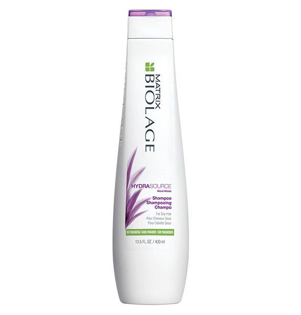 White 13.5-ounce bottle of Matrix Biolage HydraSource Shampoo with purple and green design accents.