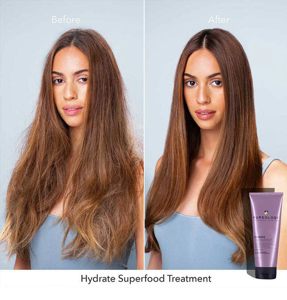Before and after results of using Pureology Hydrate Superfood Deep Treatment Mask