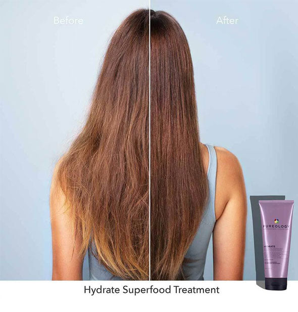 Before and after results of using Pureology Hydrate Superfood Deep Treatment Mask