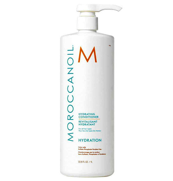 33.8 ounce bottle of Moroccanoil Hydrating Conditioner with pump nozzle