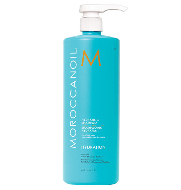 33.8 ounce bottle of Moroccanoil Hydrating Shampoo with pump nozzle