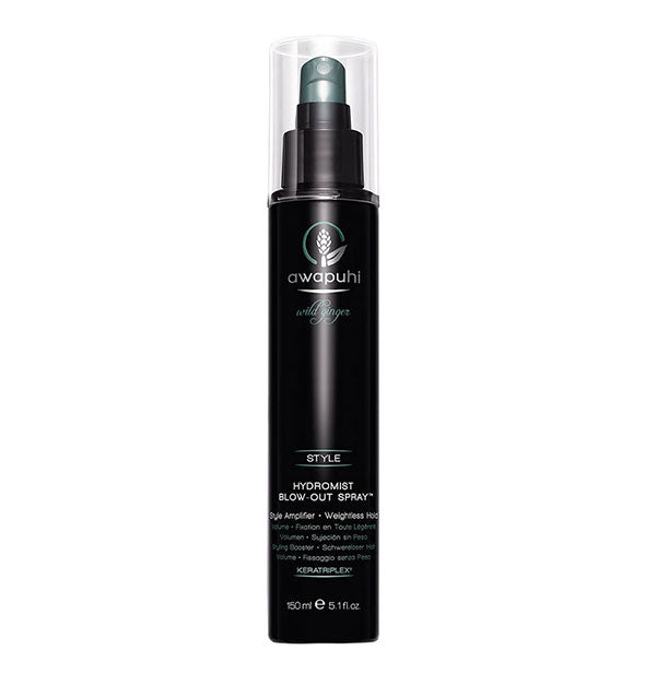 Black 5.1 ounce bottle of Paul Mitchell Awapuhi Wild Ginger Hydromist Blow Out Spray