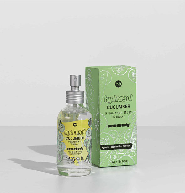 4 ounce bottle of Somebody brand Cucumber Hydrosol mist with green box packaging