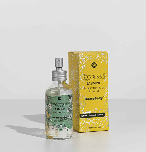 4 ounce bottle of Jasmine Hydrosol mist by Somebody with yellow box packaging