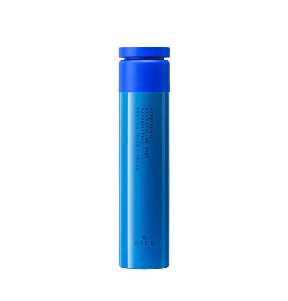 Two-tone blue can of R+Co Bleu Hypersonic Heat Styling Mist