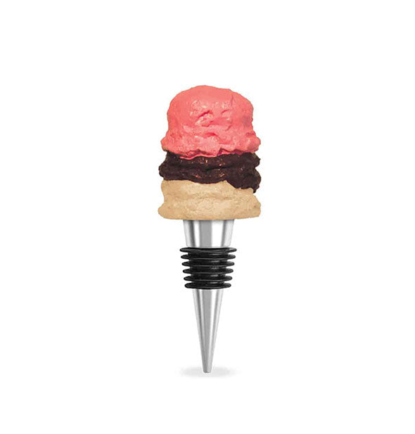 Metallic and silicone bottle stopper is topped with three scoops of Neapolitan ice cream